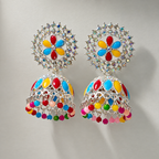 Rangoli Bloom Multicolour Jhumka Earrings – Silver-Tone Floral Design — size and design details