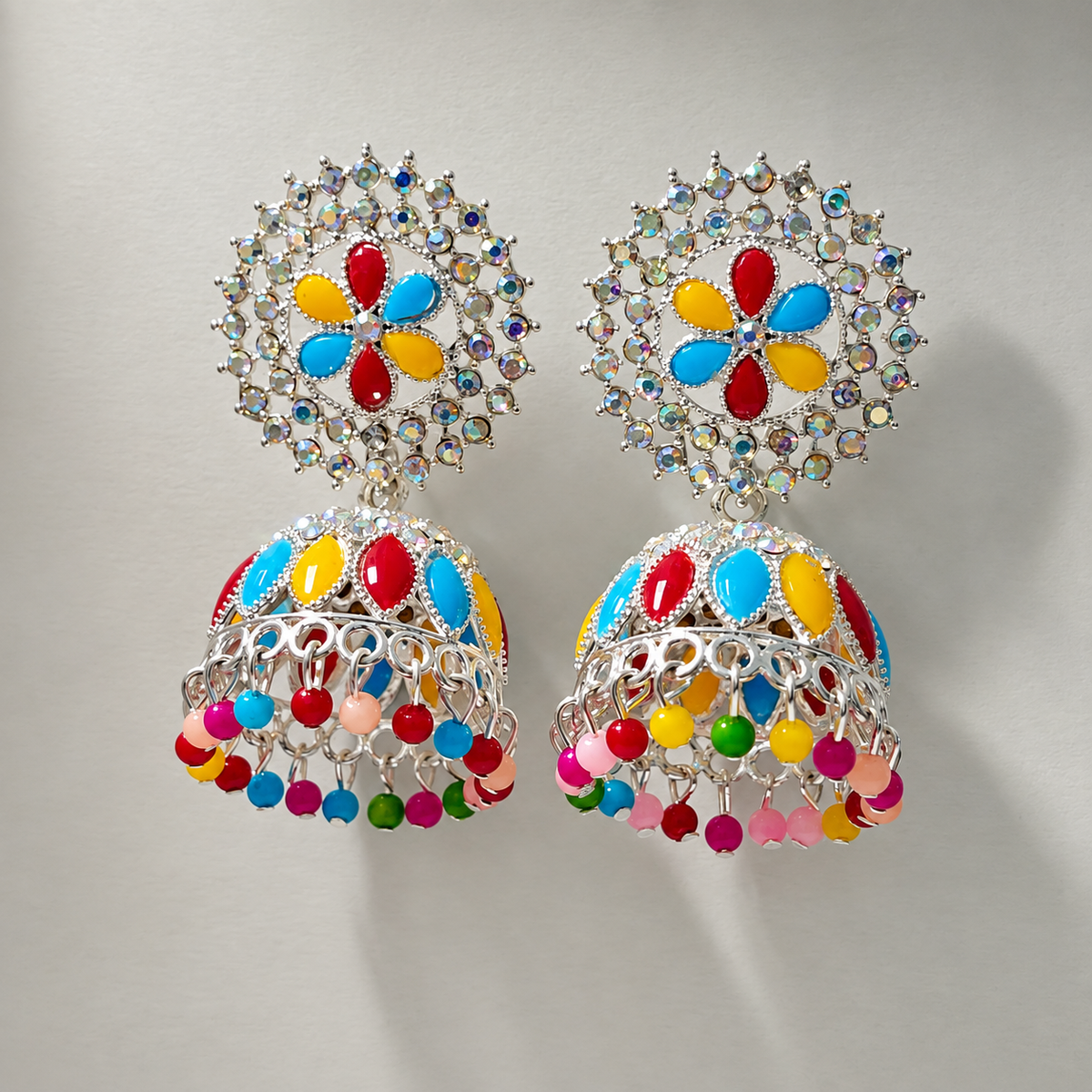 Rangoli Bloom Multicolour Jhumka Earrings – Silver-Tone Floral Design — size and design details