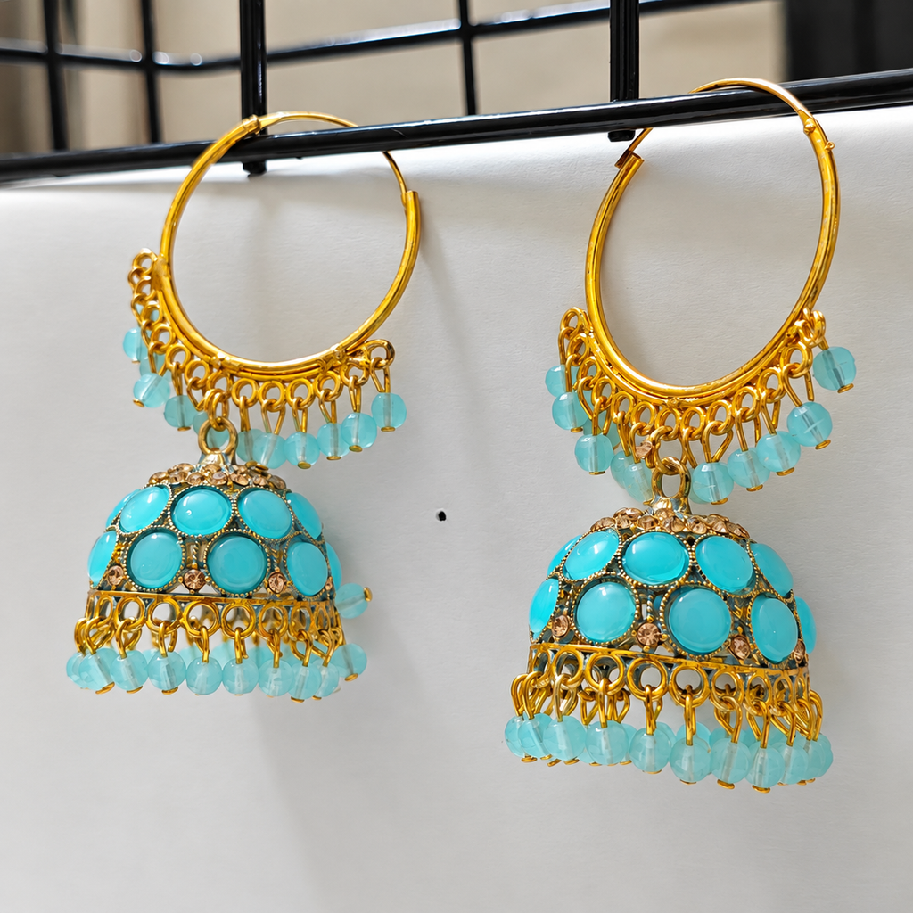 Aqua Noor Hoop Jhumka Earrings – Gold-Tone Beaded Design — size and design details
