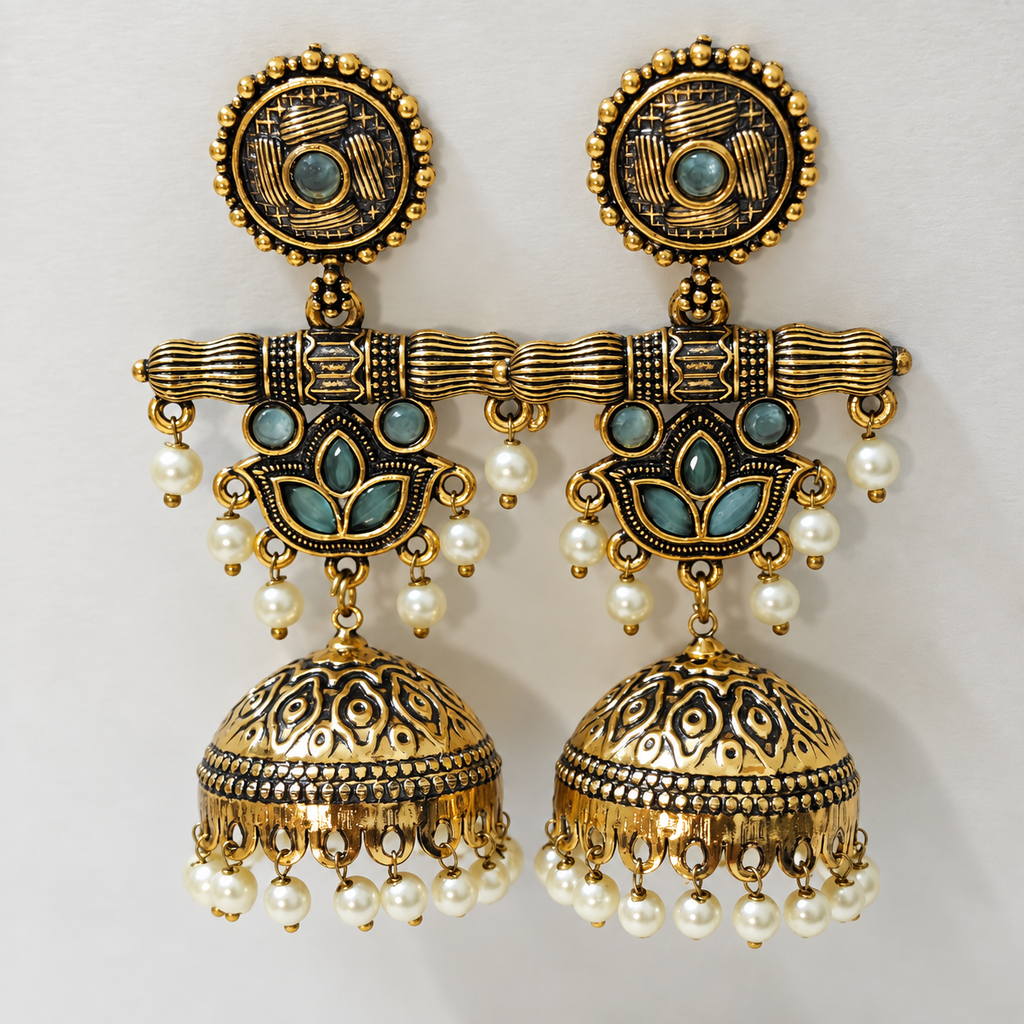 Neel Kamal Antique Lotus Jhumka Earrings — size and design details