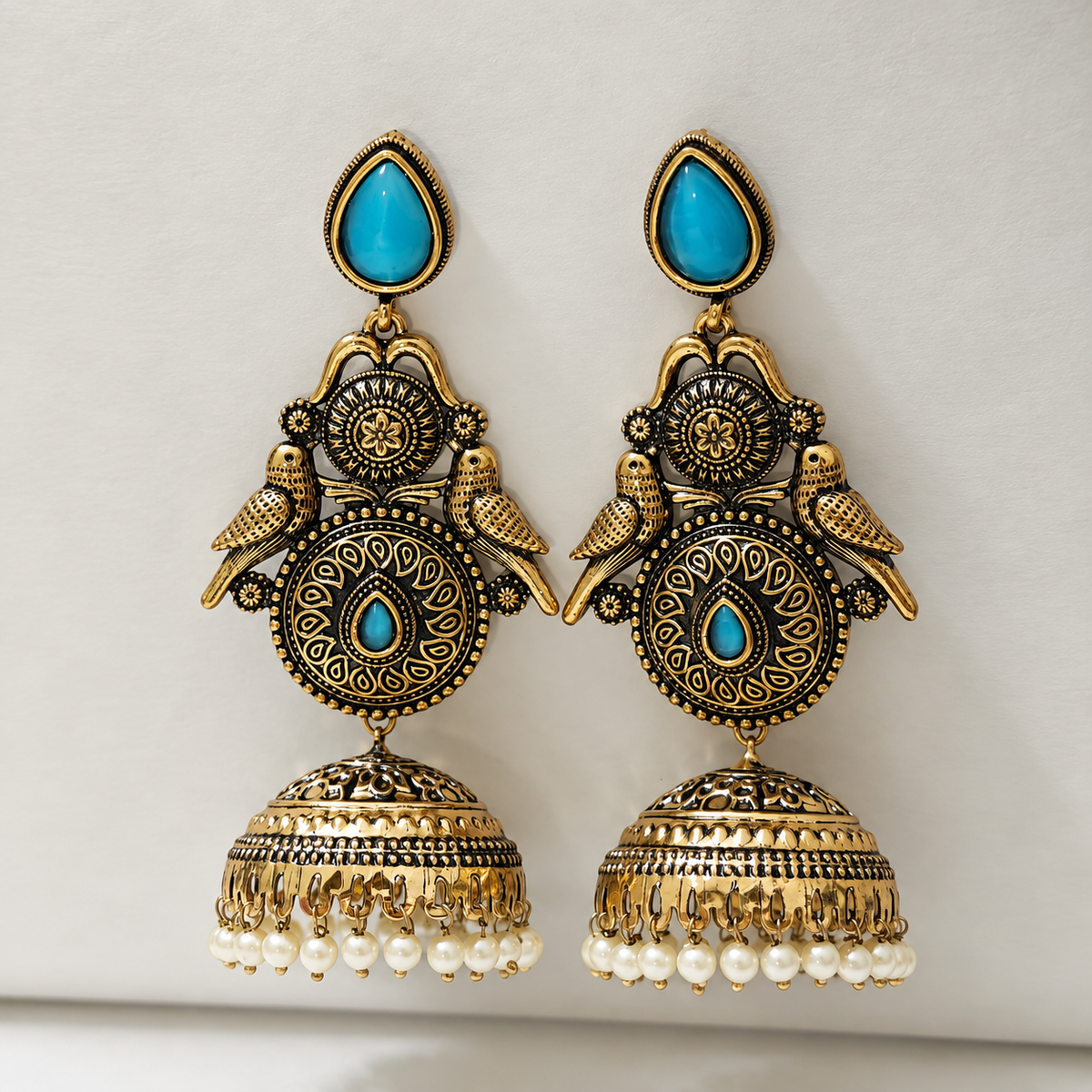 Mayur Neel Antique Peacock Jhumka Earrings — size and design details