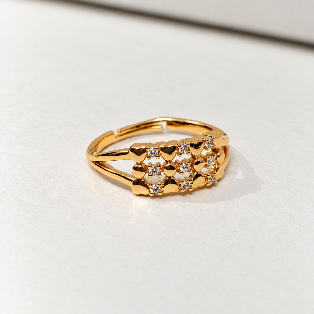 Meher Floral Lattice Rose Gold-Tone Ring — size and design details