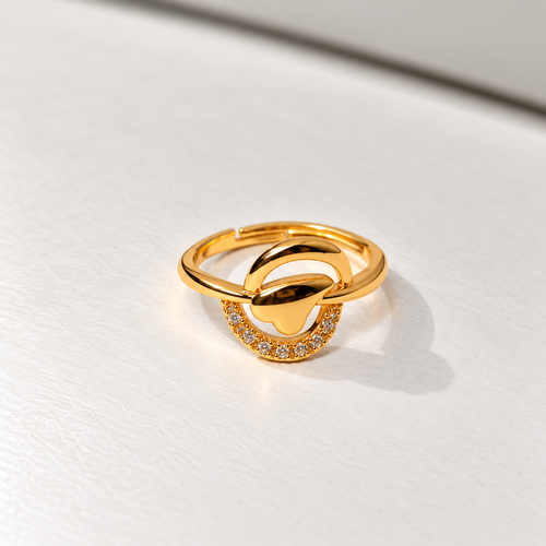 Aarohi Sculpted Orbit Sparkle Gold-Tone Ring — size and design details