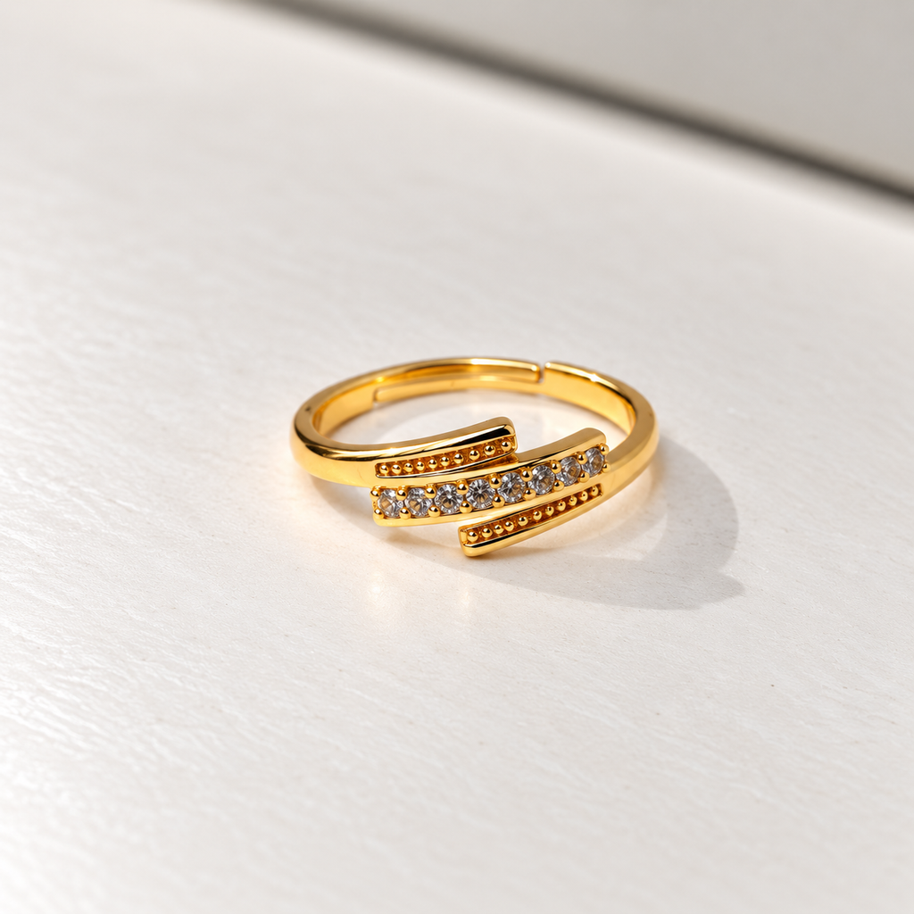 Meher Staggered Sparkle Gold-Tone Ring — size and design details