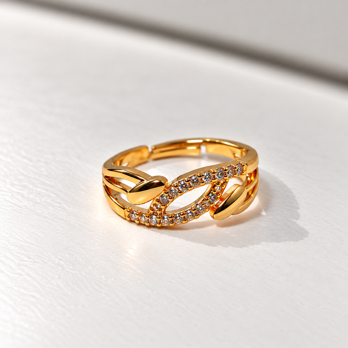 Ananta Leaf Infinity Sparkle Gold-Tone Ring — size and design details