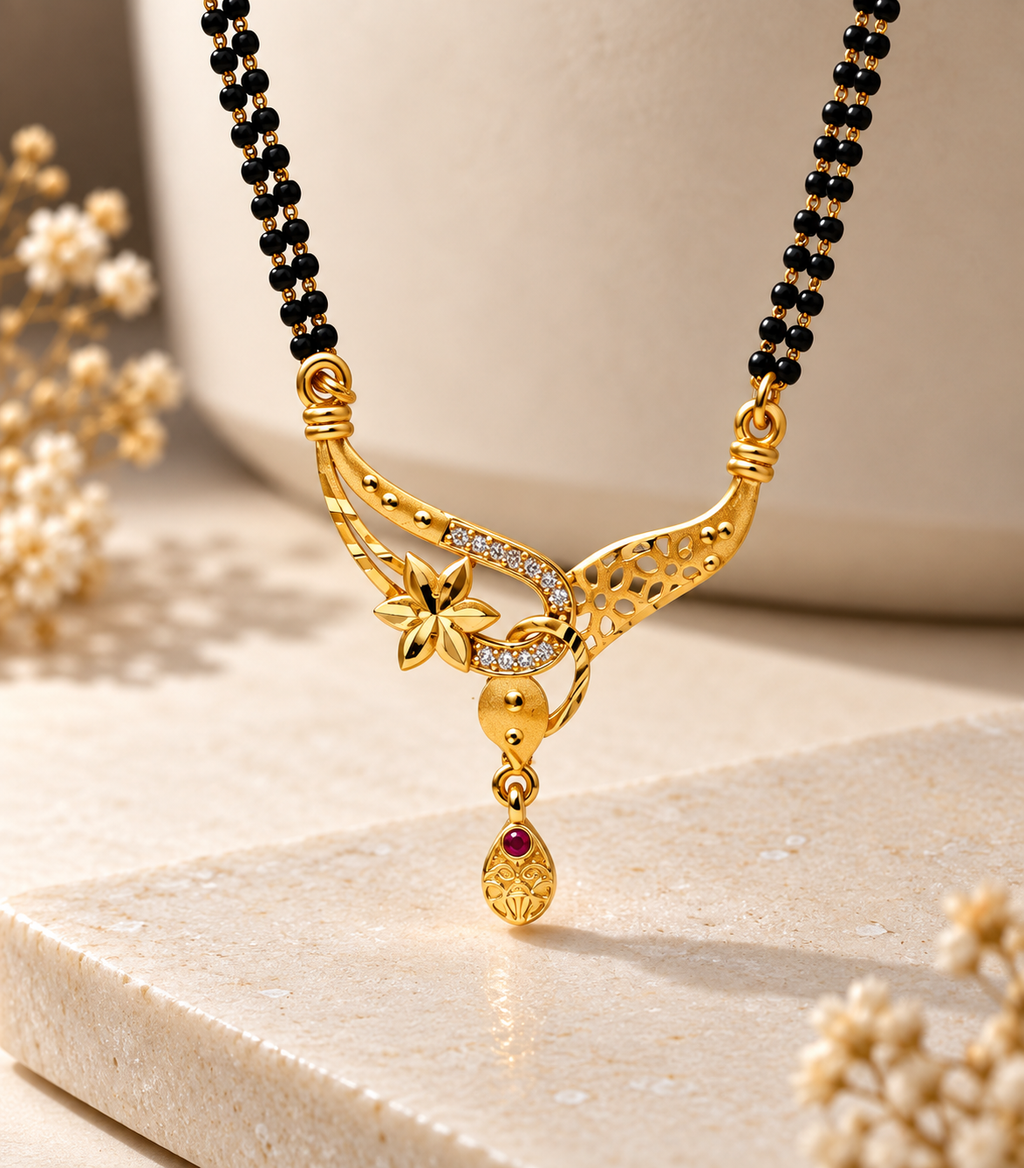 Tara Asymmetric Floral Gold-Tone Mangalsutra — size and design details
