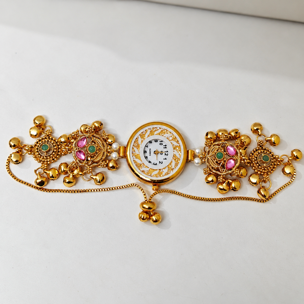 Gulabi Noor Floral Pearl Kashmiri Jewellery Watch — size and design details