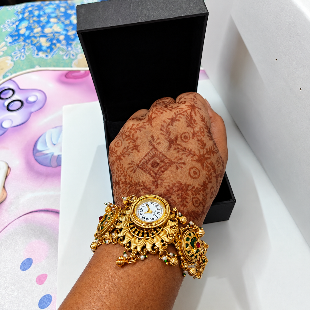 Meher Peacock Fan Kashmiri Jewellery Watch — size and design details