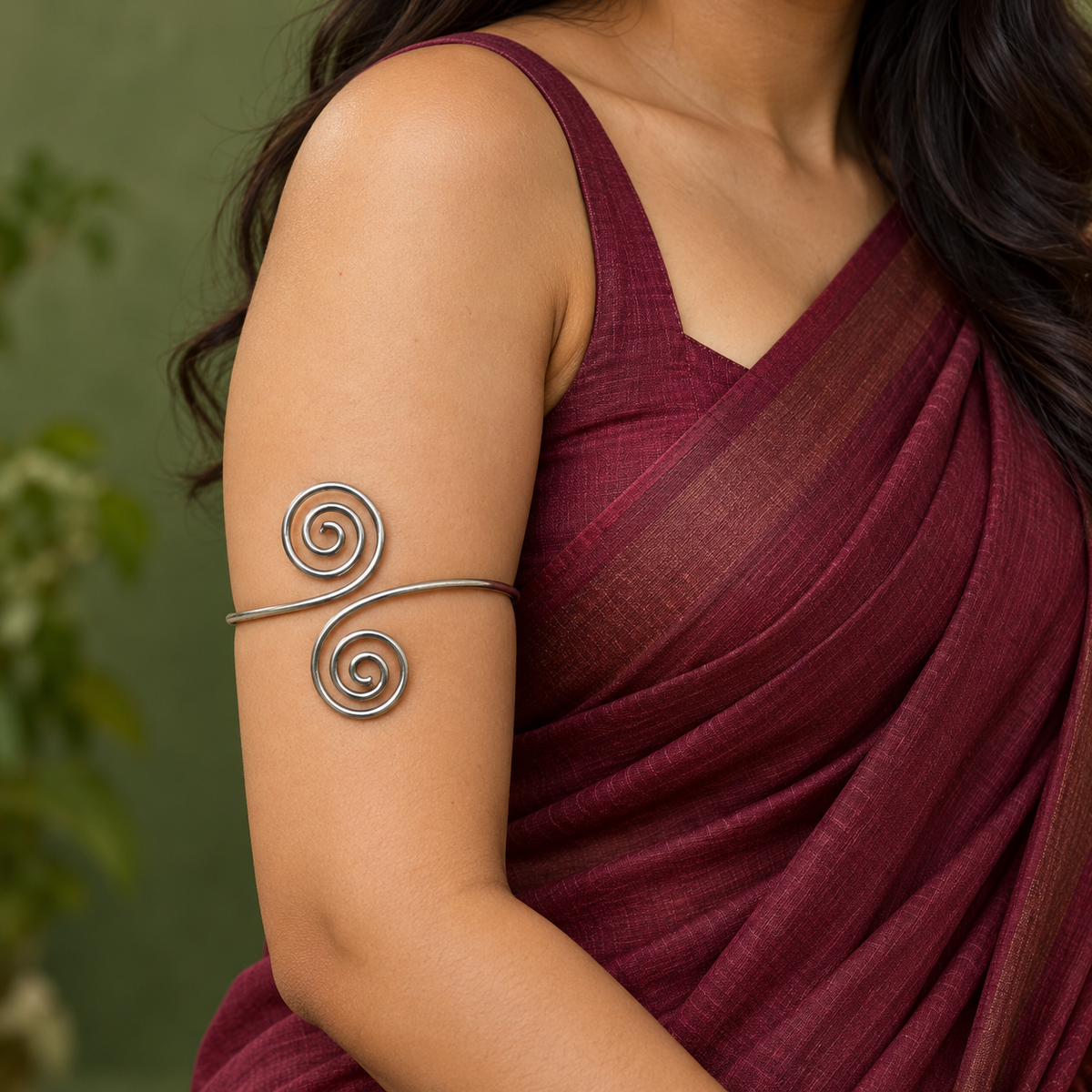 Leher Twin-Spiral Silver-Tone Arm Cuff | MyJhumki