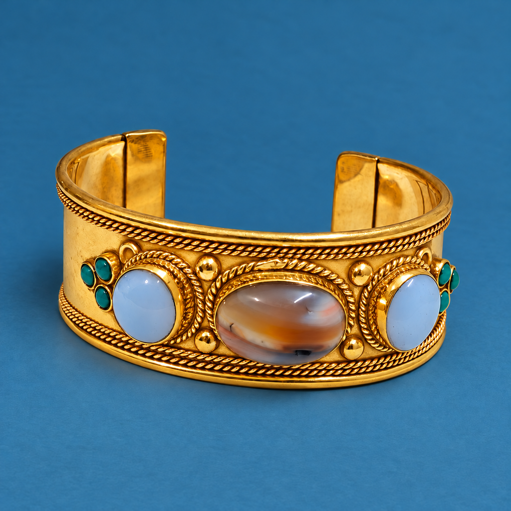 Aarohi Pale Blue Banded Oval Gold-Tone Cuff Bracelet | MyJhumki