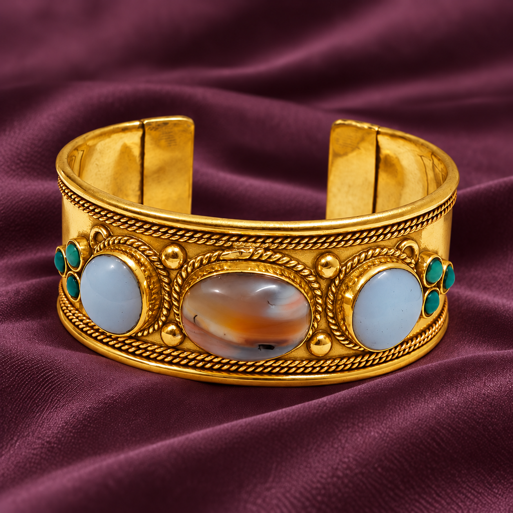 Aarohi Pale Blue Banded Oval Gold-Tone Cuff Bracelet | MyJhumki