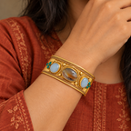 Aarohi Pale Blue Banded Oval Gold-Tone Cuff Bracelet | MyJhumki