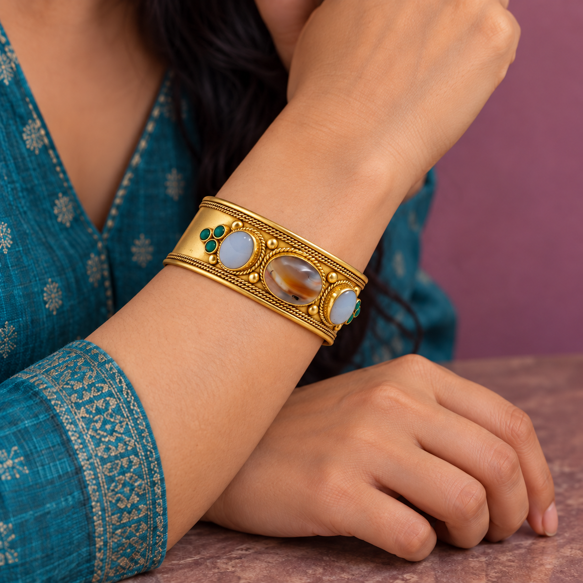 Aarohi Pale Blue Banded Oval Gold-Tone Cuff Bracelet | MyJhumki