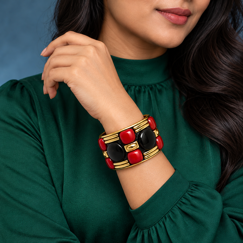 Rudra Red & Black Gold-Tone Statement Bangle | MyJhumki