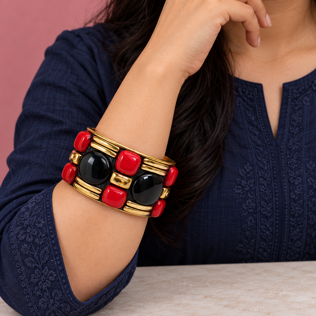 Rudra Red & Black Gold-Tone Statement Bangle | MyJhumki