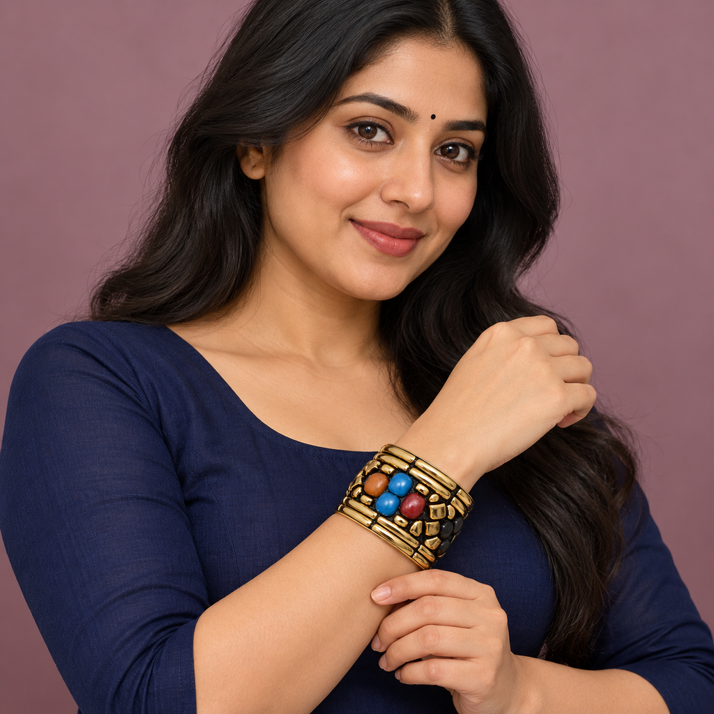 Rangika Mosaic Gold-Tone Statement Bangle | MyJhumki