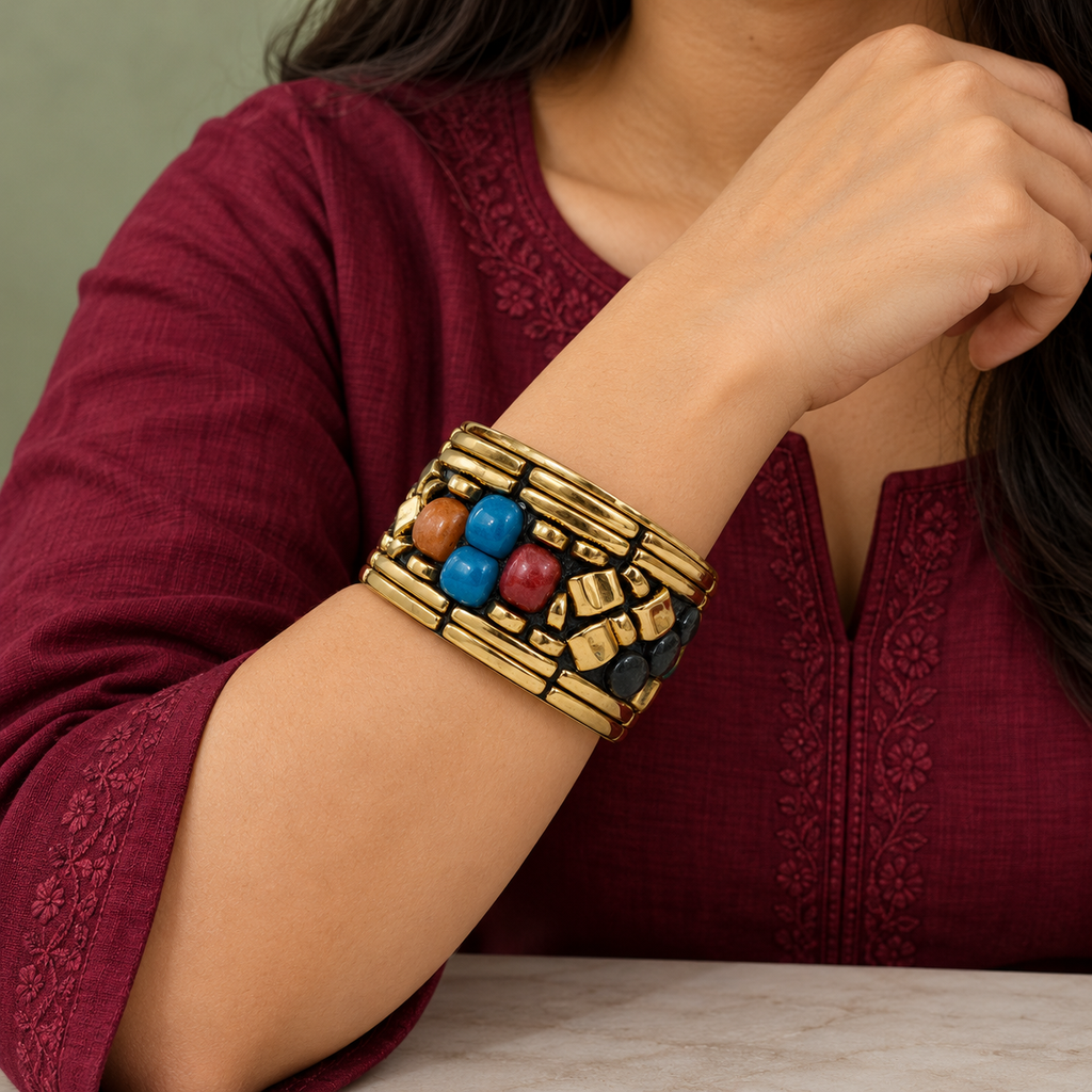 Rangika Mosaic Gold-Tone Statement Bangle | MyJhumki