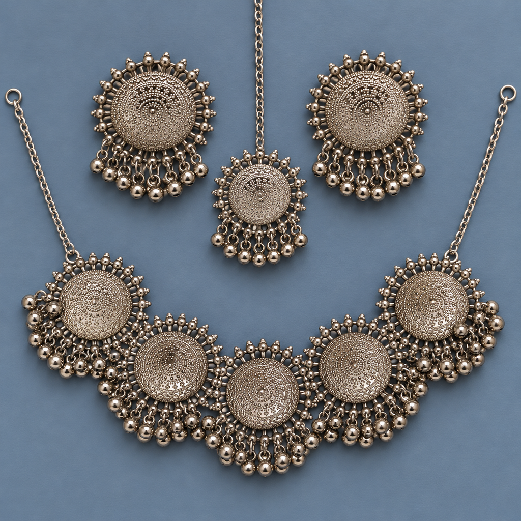 Chakra Five-Medallion Silver-Tone Necklace Set | MyJhumki