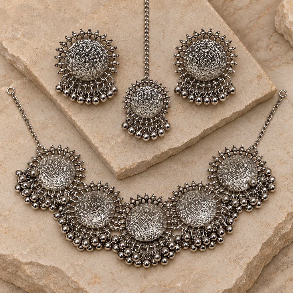 Chakra Five-Medallion Silver-Tone Necklace Set | MyJhumki