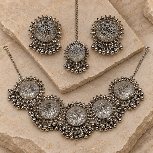 Chakra Five-Medallion Silver-Tone Necklace Set | MyJhumki
