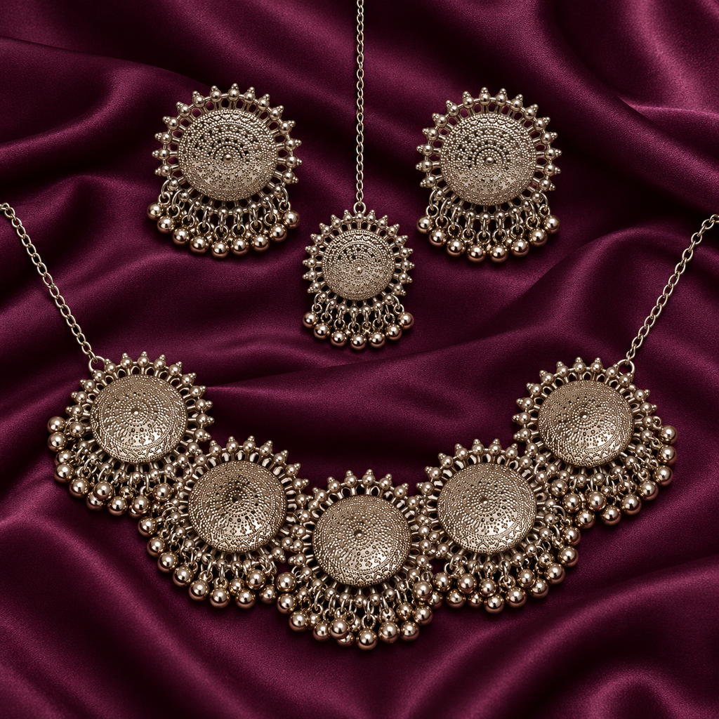 Chakra Five-Medallion Silver-Tone Necklace Set | MyJhumki