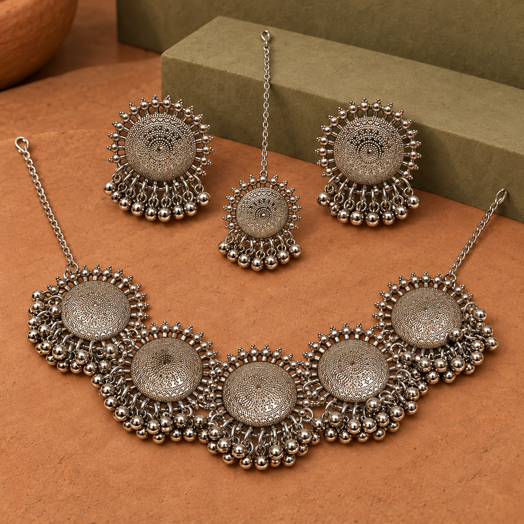 Chakra Five-Medallion Silver-Tone Necklace Set | MyJhumki