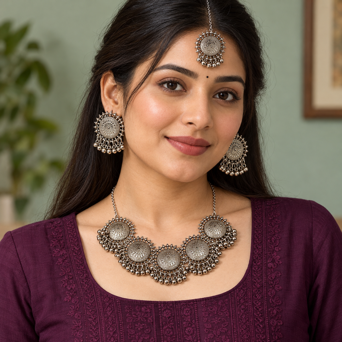Chakra Five-Medallion Silver-Tone Necklace Set | MyJhumki