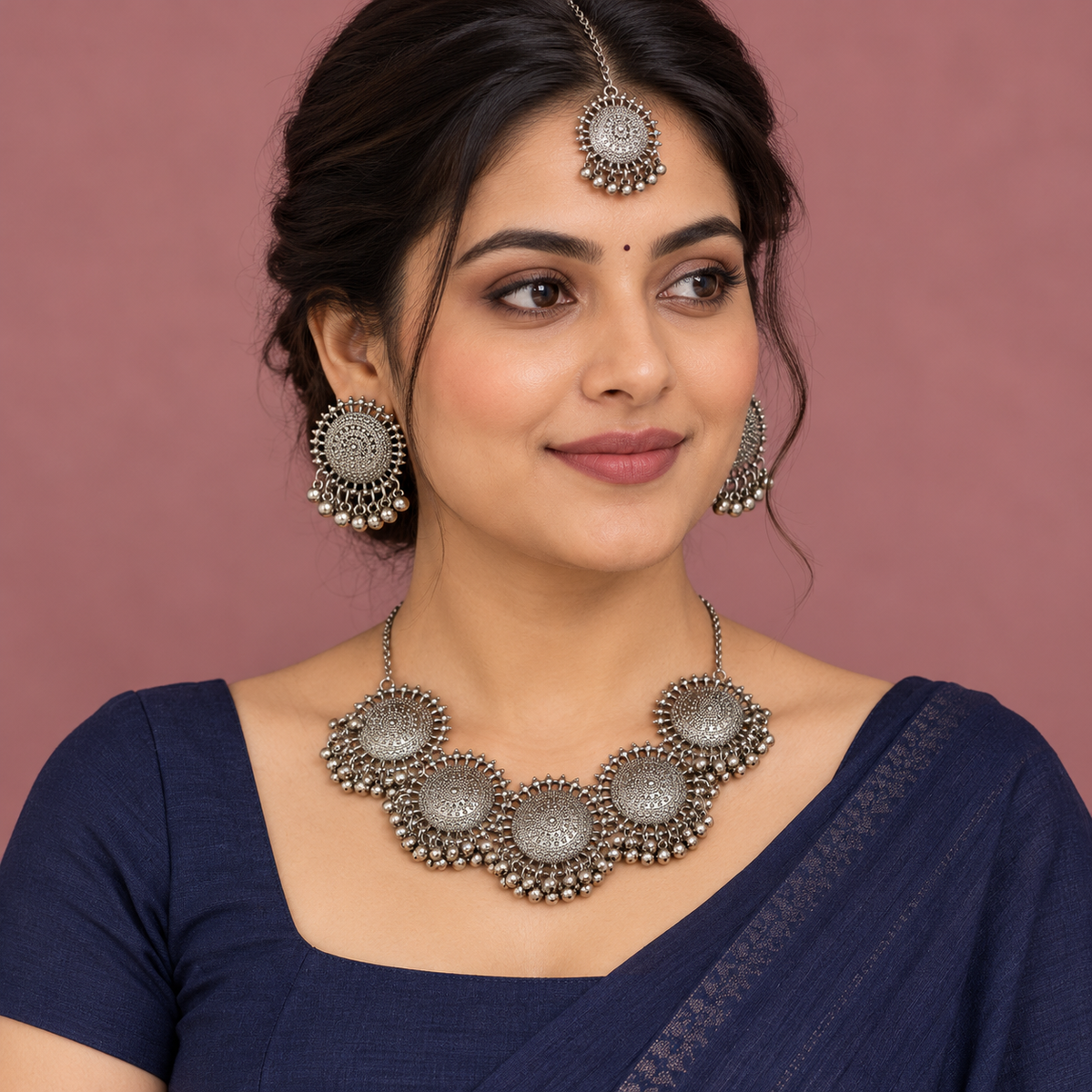 Chakra Five-Medallion Silver-Tone Necklace Set | MyJhumki