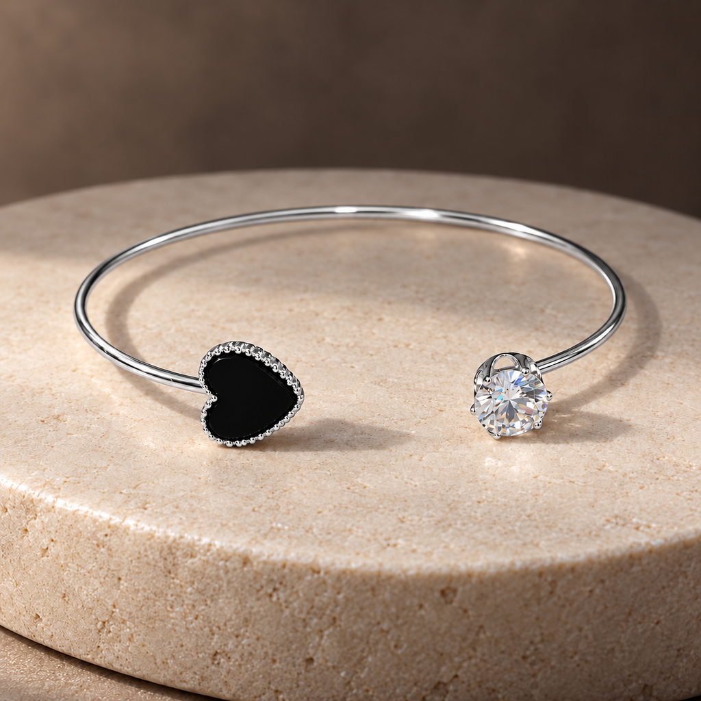 Hrida Black Heart Silver-Tone Cuff Bracelet | MyJhumki