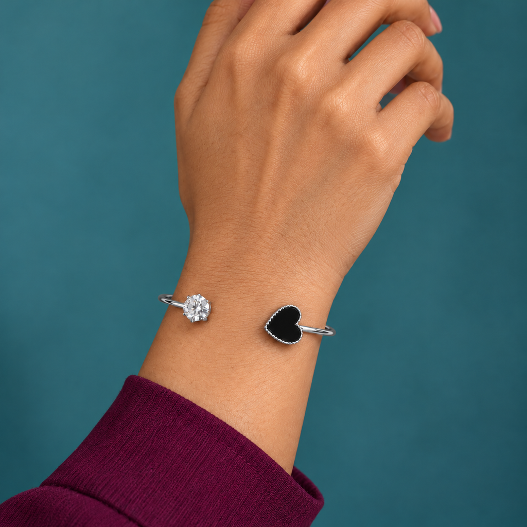 Hrida Black Heart Silver-Tone Cuff Bracelet | MyJhumki