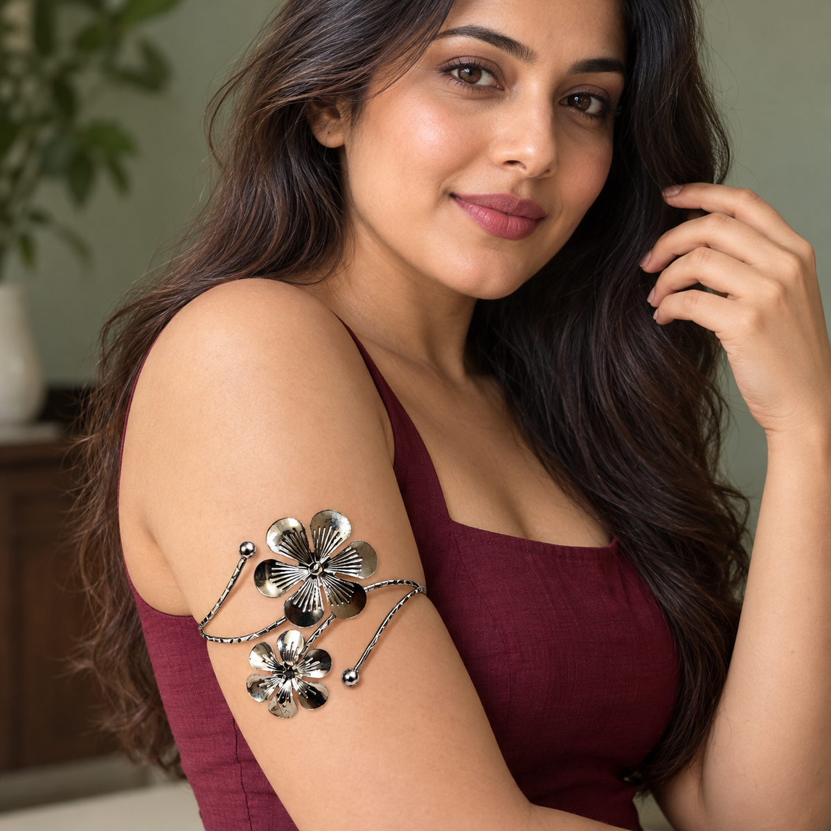Kusum Twin-Flower Silver-Tone Arm Cuff | MyJhumki