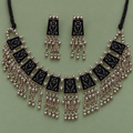 Latika Black Floral Tile Silver-Tone Necklace Set | MyJhumki
