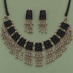 Latika Black Floral Tile Silver-Tone Necklace Set | MyJhumki