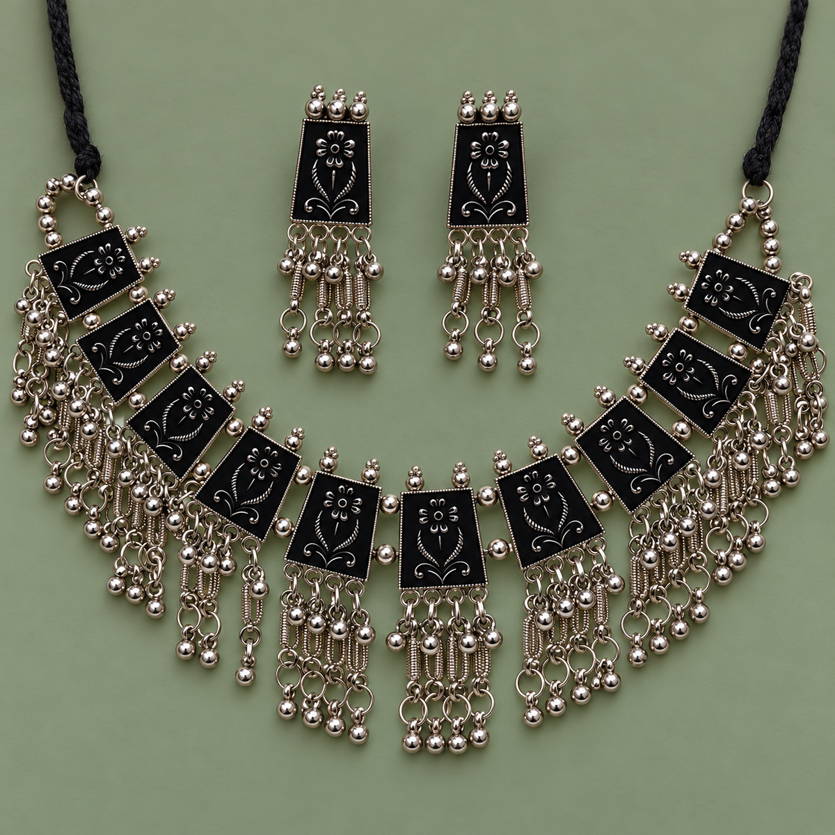 Latika Black Floral Tile Silver-Tone Necklace Set | MyJhumki