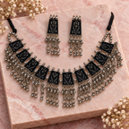 Latika Black Floral Tile Silver-Tone Necklace Set | MyJhumki