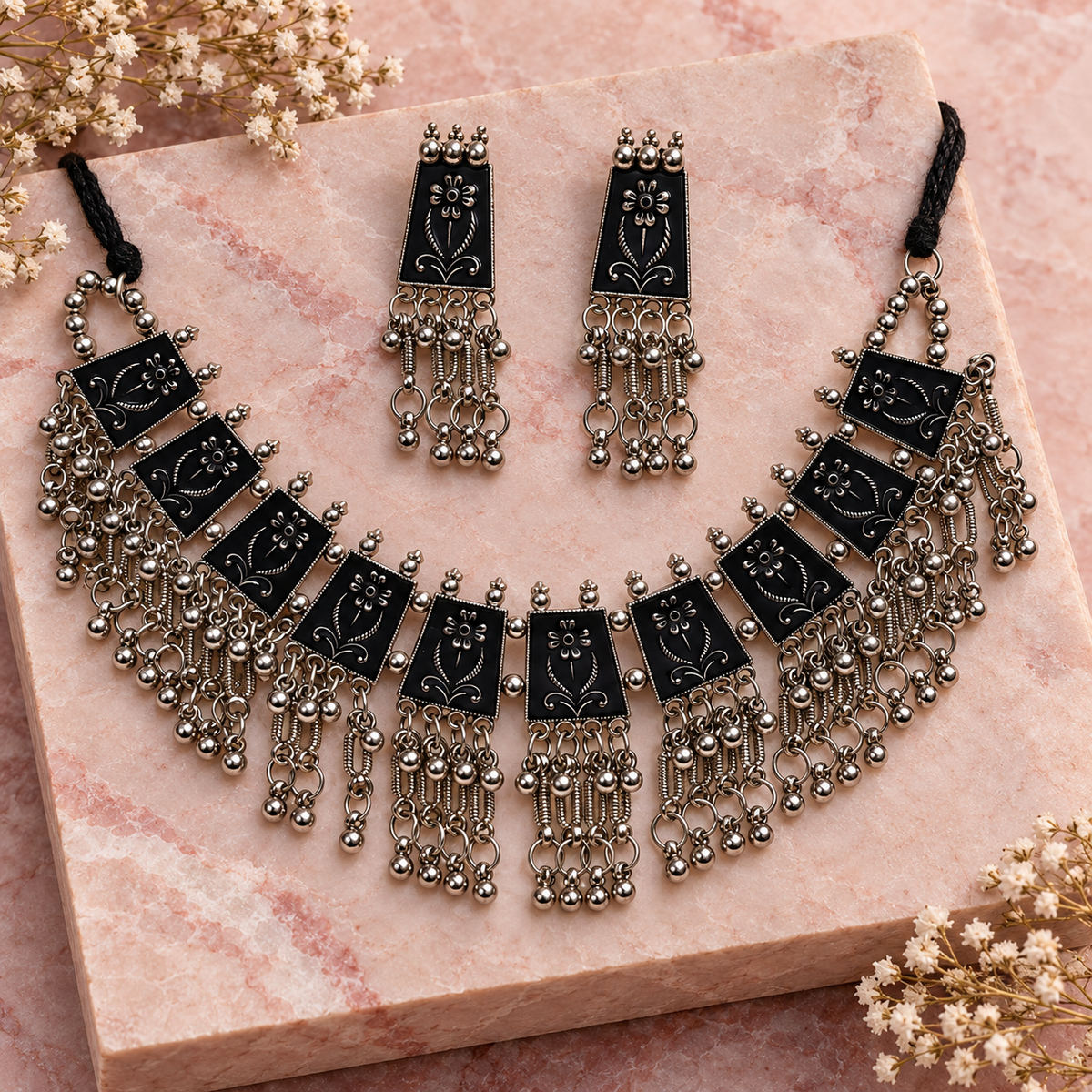 Latika Black Floral Tile Silver-Tone Necklace Set | MyJhumki