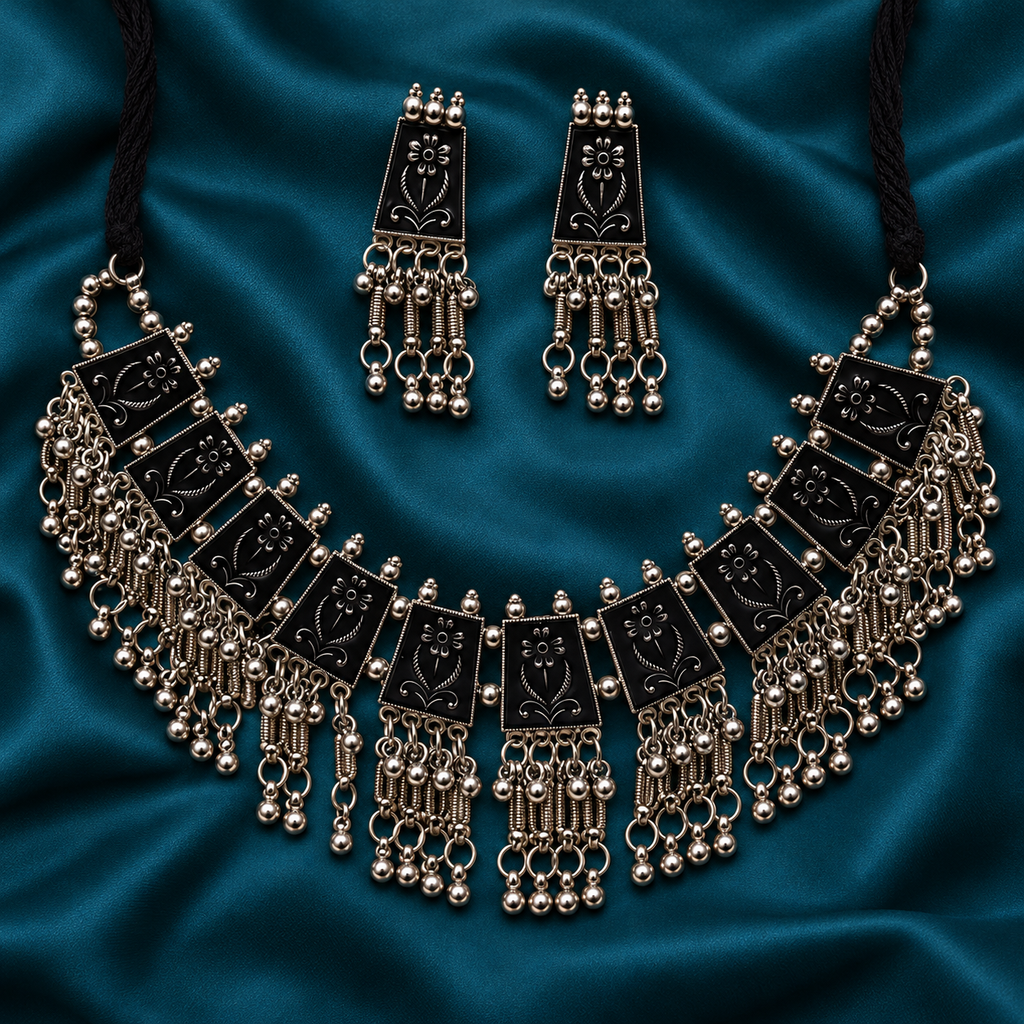 Latika Black Floral Tile Silver-Tone Necklace Set | MyJhumki