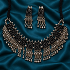 Latika Black Floral Tile Silver-Tone Necklace Set | MyJhumki