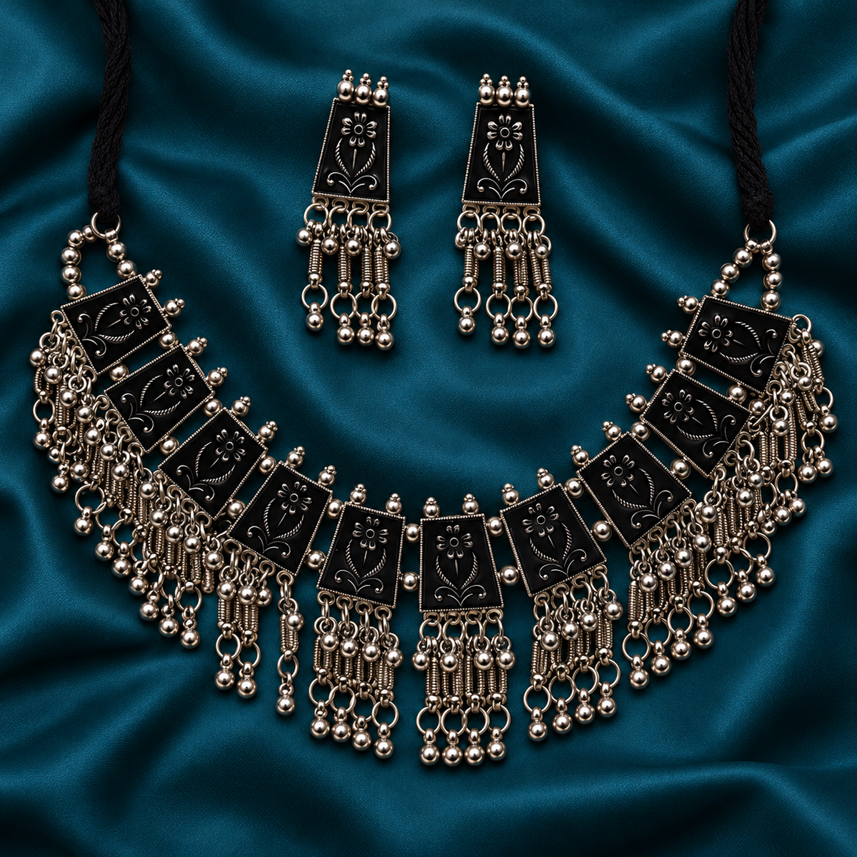Latika Black Floral Tile Silver-Tone Necklace Set | MyJhumki