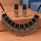 Latika Black Floral Tile Silver-Tone Necklace Set | MyJhumki