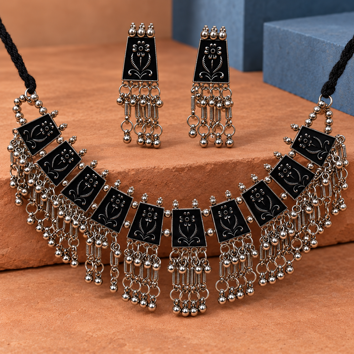 Latika Black Floral Tile Silver-Tone Necklace Set | MyJhumki