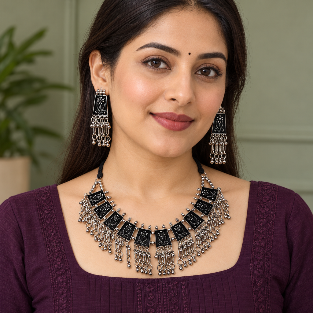 Latika Black Floral Tile Silver-Tone Necklace Set | MyJhumki