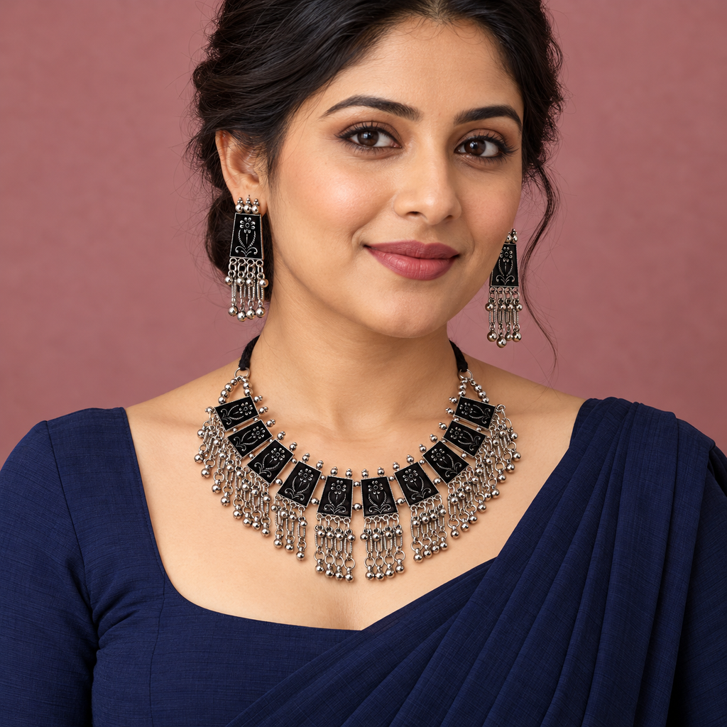 Latika Black Floral Tile Silver-Tone Necklace Set | MyJhumki