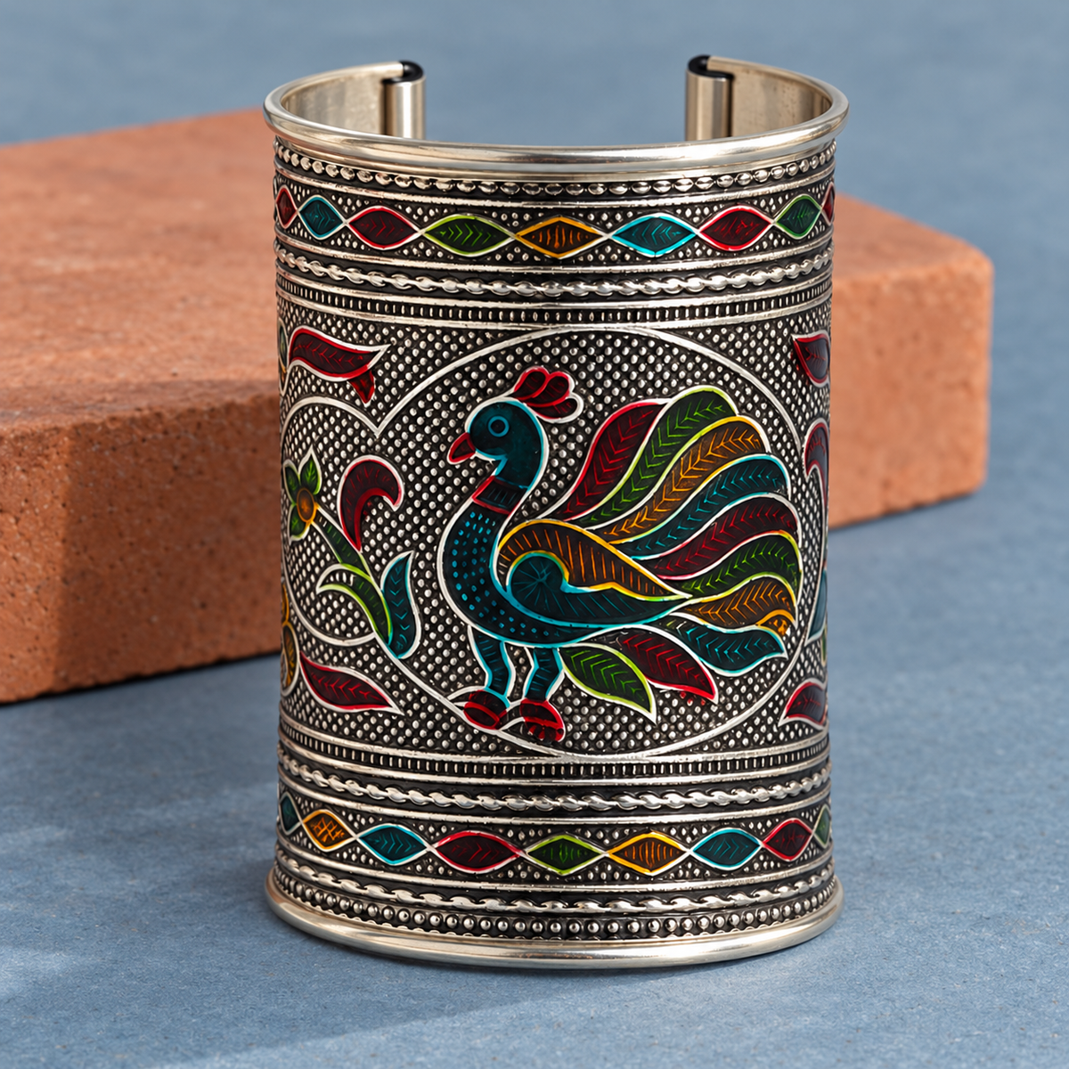 Mayuri Multicolour Peacock Silver-Tone Cuff | MyJhumki