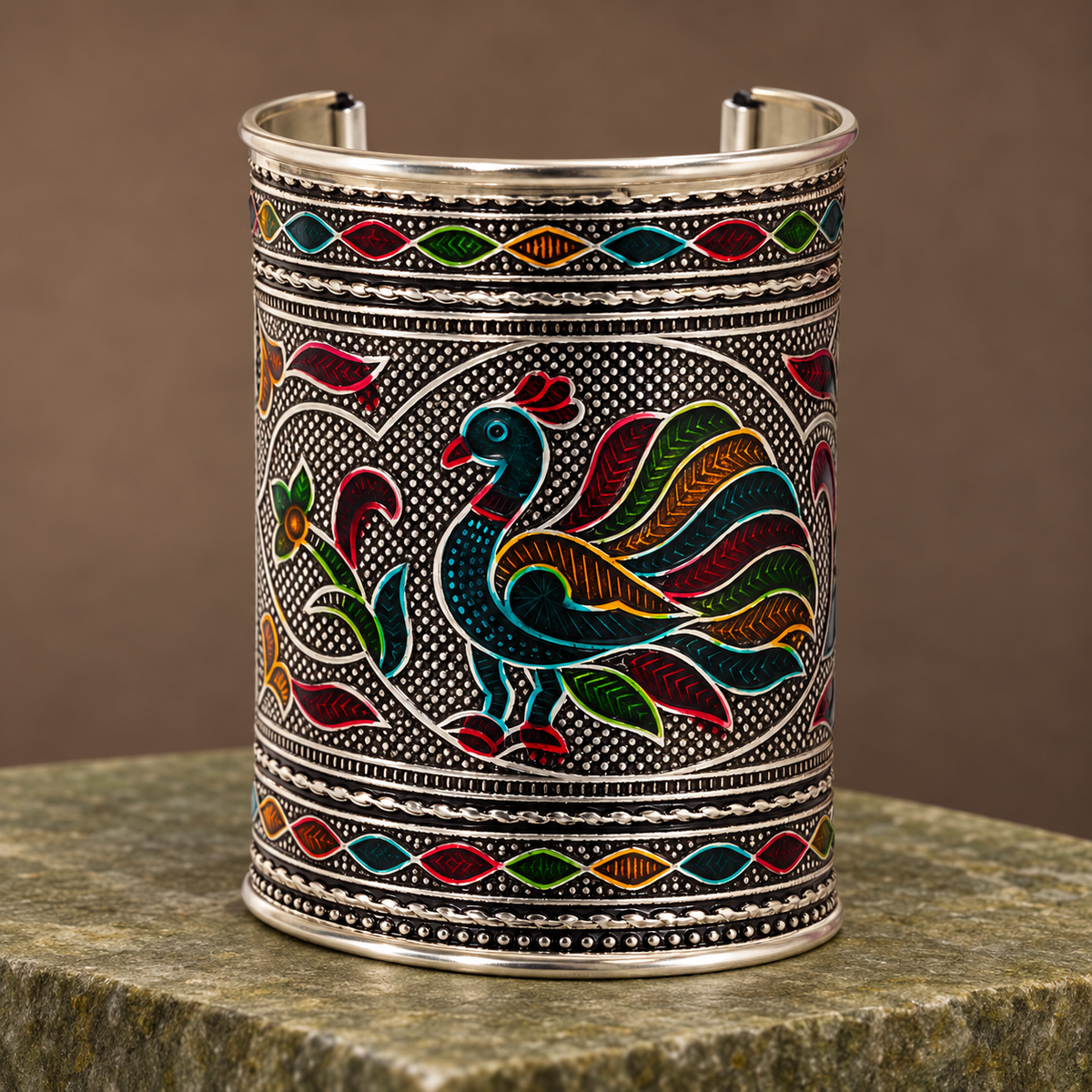 Mayuri Multicolour Peacock Silver-Tone Cuff | MyJhumki
