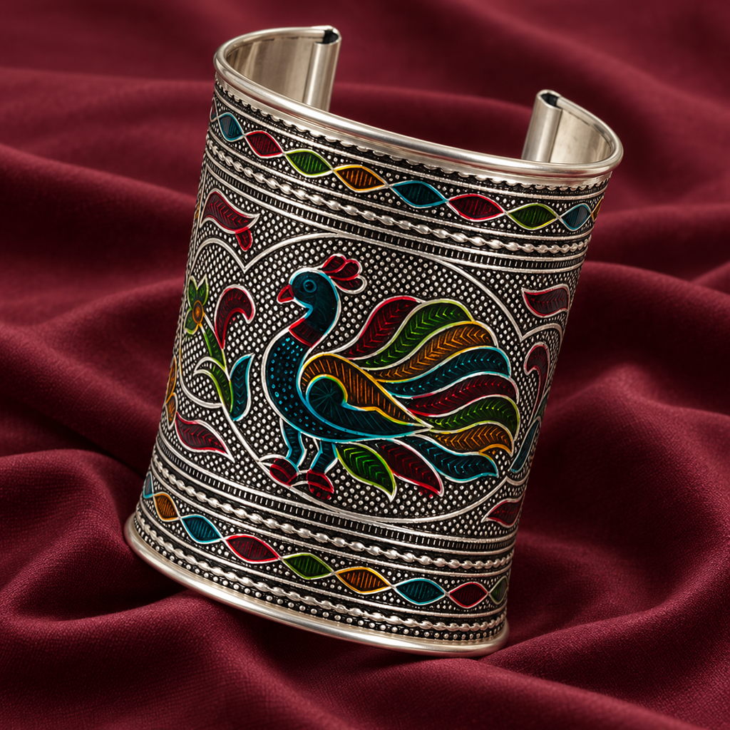 Mayuri Multicolour Peacock Silver-Tone Cuff | MyJhumki