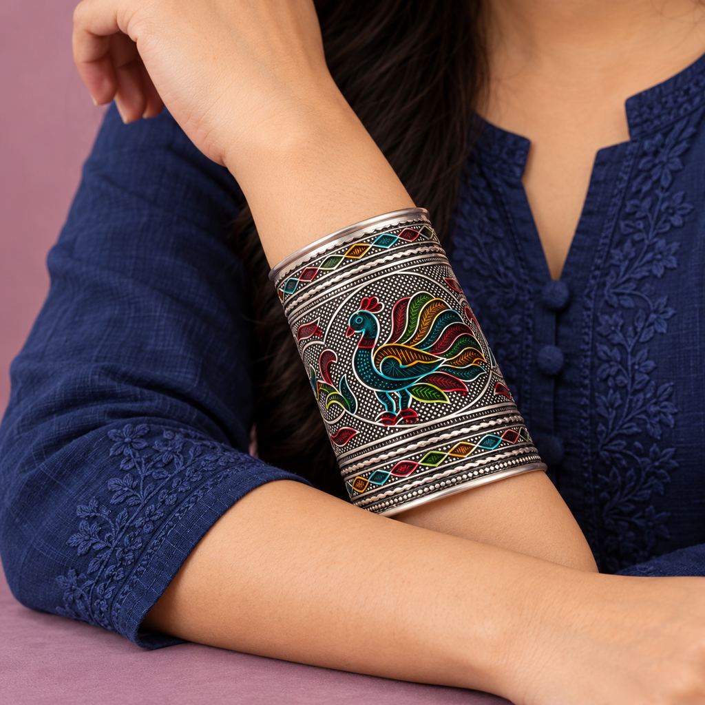 Mayuri Multicolour Peacock Silver-Tone Cuff | MyJhumki