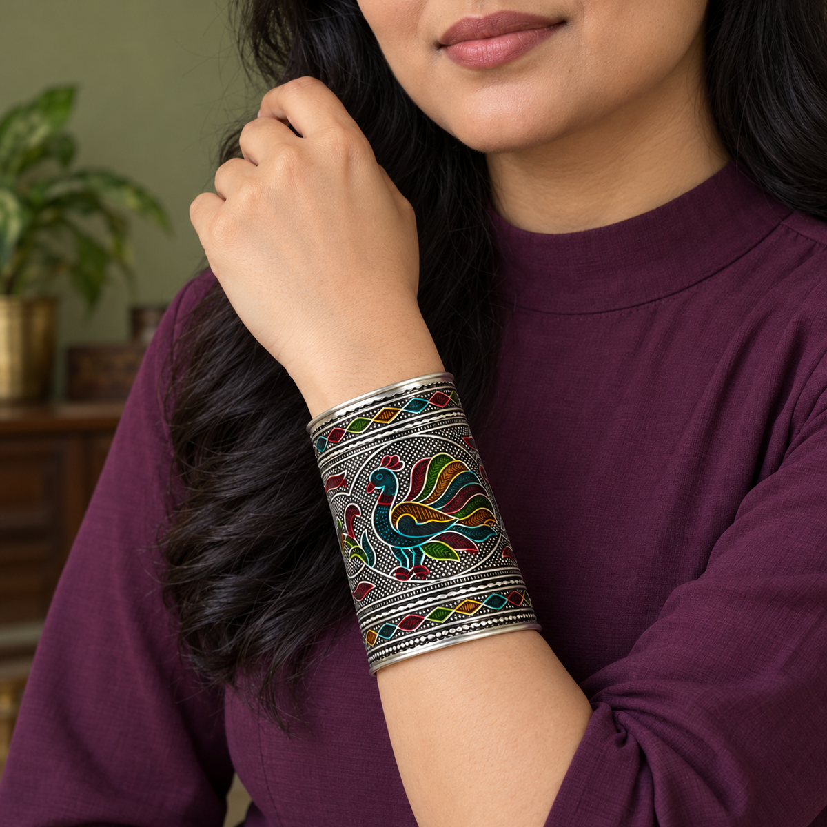 Mayuri Multicolour Peacock Silver-Tone Cuff | MyJhumki