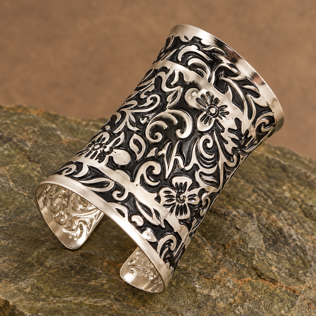 Meher Floral Scroll Silver-Tone Cuff | MyJhumki