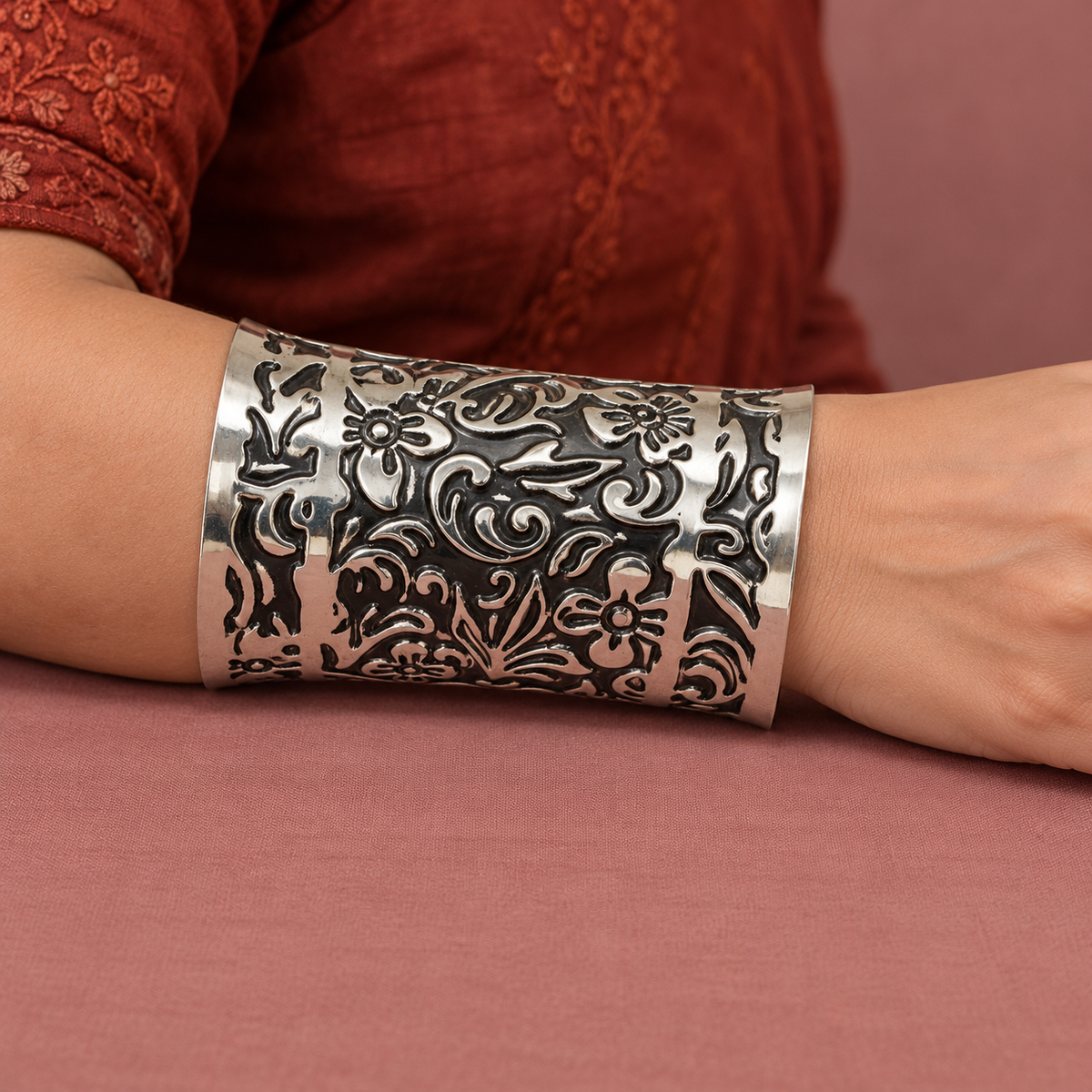 Meher Floral Scroll Silver-Tone Cuff | MyJhumki